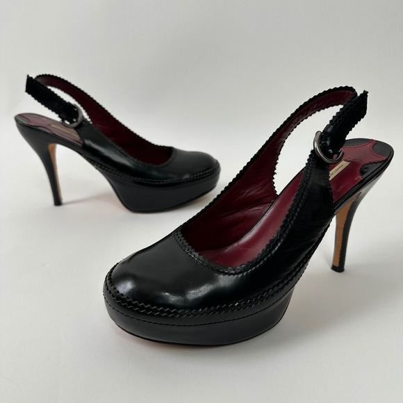 Max Studio Black Leather Platform Slingback Heels Pumps Size 7M Designer - Picture 1 of 8